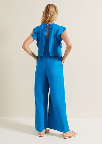 Phase Eight Aubrey Blue Linen Frill Jumpsuit Blue Canada | AUZOYH-847